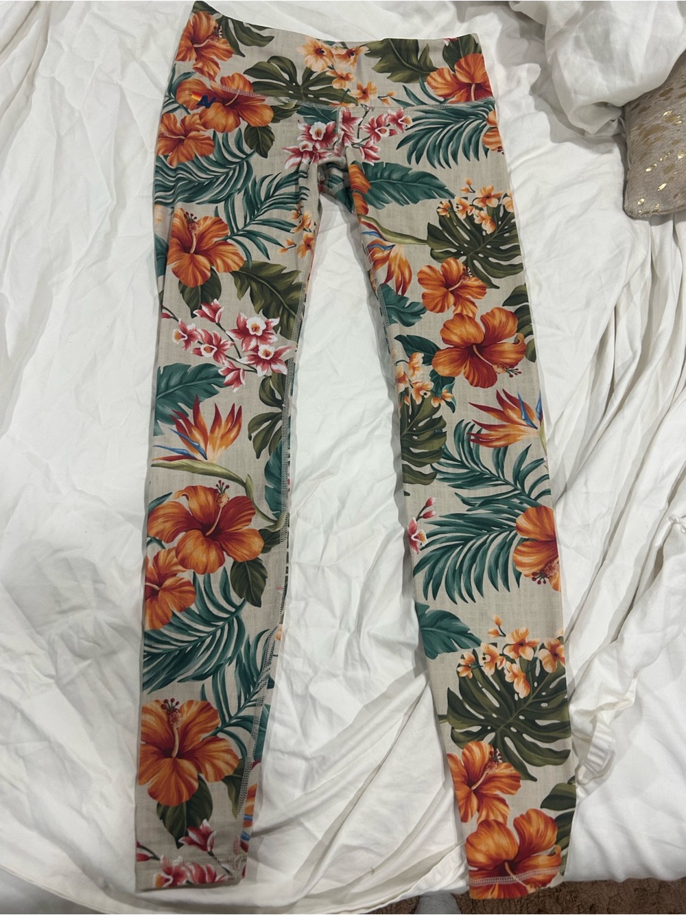 Tropical Floral Leggings - Orange & Green Hibiscus Print